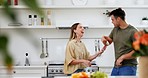 Excited, kitchen and happy couple dance to music, disco song or radio sound for crazy fun, bond and silly date. Energy, dancer and home apartment woman, man or marriage people celebrate anniversary