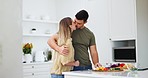 Couple, kiss and cooking in home kitchen for romance, healthy marriage and nutrition. A happy woman and man cutting vegetables with care and love for diet, dinner or vegan food in a house together