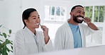 Bathroom, mirror and couple brushing teeth, wellness and fresh breath with morning routine, home and oral care. Reflection, man and woman cleaning mouth, dental hygiene or health with tooth whitening