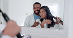 Happy, hair care and morning routine with couple in bathroom for style, beauty and skincare. Wake up, smile and love with man and woman in mirror of home for cleaning, wellness and grooming together