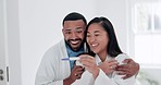 Pregnancy test, wow and excited couple hug in a bathroom in celebration of fertility success in their house. Pregnant, family planning and happy man with woman embrace while checking home testing kit