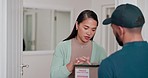 Woman, tablet and sign for delivery man at door, package and parcel box in home for ecommerce. Tech, online shopping and customer signature for shipping service, retail logistics and happy courier.