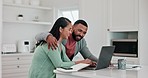 Laptop, budget planning and happy couple in kitchen with mortgage payment documents, bills or savings. Home finance, man and woman in apartment checking account, loan invoice or financial paperwork.