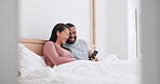 Home bed, cellphone and happy couple laugh at funny blog story, social network meme or online comic article. Smartphone, morning bedroom or relax man, woman or marriage people smile for comedy video 