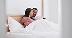 Home bedroom, cellphone and happy couple laugh at funny communication, social media meme or online internet comic. Smartphone, morning wellness and diversity people streaming comedy video on bed