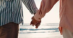 Support, holding hands and closeup with couple at beach for travel, summer vacation and romance. Relax, love and holiday with man and woman walking on seaside date for commitment and care together