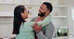 Home, dance and couple with love, smile and romance with anniversary, celebration and loving together. Music, man and woman with energy, kitchen and support with marriage, relationship and romantic