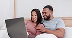 Bedroom, laptop and couple laughing, relax and reading funny email, meme joke or humour blog article. Morning, home computer and Asian woman, man or diversity people streaming comedy video on bed