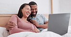 Bed, laptop and couple laughing, talking and reading funny email, meme joke or consulting about humour blog article. Morning conversation, home computer and diversity people chat about bedroom comedy