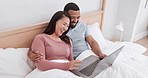 Home bed, laptop and happy couple laughing, bonding and reading online shopping discount, funny website, social media post. Morning, bedroom or relax man, woman or marriage people scroll on computer 