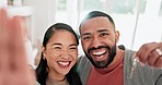 Happy couple, selfie and keys to new house with love and excited about moving in together. Social media, profile picture and interracial man and woman with mortgage, rent or loan for real estate