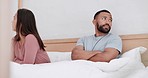 Couple in bed, fight and anger with conflict and communication fail, marriage and risk of divorce. Stress, angry people in bedroom at home and life crisis, betrayal and broken trust in relationship