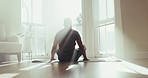 Relax, yoga and meditation with man in living room for spiritual, mindfulness and fitness. Mental health, zen and wellness with person and floor workout at home gym for peace, energy and balance