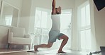 Relax, yoga and stretching with man in living room for spiritual, mindfulness and fitness. Mental health, zen and wellness with person and workout at home gym for peace, meditation and balance