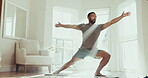 Fitness, yoga and stretching with man in living room for spiritual, mindfulness and relax. Mental health, zen and wellness with person and workout at home gym for peace, meditation and balance