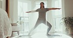 Morning, yoga and stretching with woman in living room for spiritual, mindfulness and fitness. Mental health, zen and wellness with person and workout at home gym for peace, meditation and balance