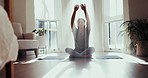 Yoga, calm morning and woman in home with wellness, zen and meditation for health in a bedroom. Namaste, holistic training and female person back in a house on the floor with spiritual balance