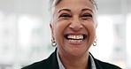 Senior woman, business ceo closeup and laughing face in a office with consultant manager confidence. Funny, comedy and happy professional employee at a company job at consultation agency with smile