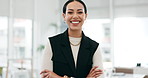 Confident, manager and portrait of business woman in an finance agency, startup or company office with growth. Development, laughing and young accountant happy as a corporate employee at workplace