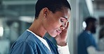 Doctor, stress and black woman with headache, anxiety or neck pain while working in a hospital at night. Healthcare, anxiety and female nurse with burnout, vertigo or joint, fibromyalgia or tension