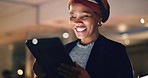 Business, happy black woman and tablet at night in office to search online report, scroll information and website planning. Corporate employee working late on digital data, tech or social network app