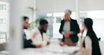 Business people, corporate conference and meeting on blurred background in office for workshop and teamwork. Collaboration, manager and employees for seminar, brainstorming and presentation at work