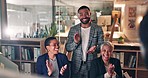 Presentation, clapping hands and business people celebrate in office for planning creative project. Collaboration, startup and group of designers with applause for teamwork success in the workplace.