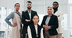 Company, serious group or business people confident in corporate agency, office teamwork or workforce solidarity. Diversity, portrait or professional team, expert or management pride in collaboration