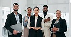 Corporate, business people and face with management, teamwork and diversity in office. Collaboration, executive consultants and group portrait with leadership, solidarity and workforce confidence