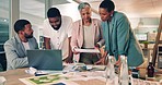 Research, night and business people planning in the office for a creative project with color samples. Paperwork, discussion and team of designers working overtime in collaboration for deadline.