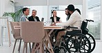 Inclusive, talking and business people in a morning meeting for collaboration, planning or discussion. Happy, diversity and a black man with a disability working at a company with emplyees speaking