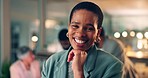 Face, business and black woman with arms a smile, meeting or career with teamwork, success or brainstorming. Portrait, African person or employee with cooperation, staff or professional with planning