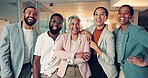 Smile, confidence and portrait of business people in office for team building or collaboration. Happy, staff and group of creative designers with senior woman manager with crossed arms in workplace.