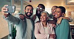 Group of business people in selfie together, diversity and smile for social media at startup. Photography, solidarity and happy office team at workshop, men and women in profile picture at workplace.