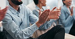 Business people, hands and team applause in conference, tradeshow and achievement of success. Closeup of employees, audience and clapping in celebration, praise or winning award at seminar convention