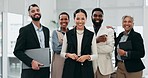 Corporate, business people and happy face with management, teamwork and diversity in office. Collaboration, executive consultants and group portrait with leadership, solidarity and workforce pride