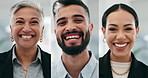 Business people, smile and face in video call or webinar for international corporate team in conference for training online. Happy, staff and portrait in virtual meeting or videocall with management