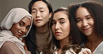 Diversity, women and group portrait in studio, beauty and support for inclusion, empowerment and equality. Community, global and happy people for skincare, natural and wellness on gray background