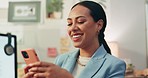 Phone, text and business woman in office happy for social media, message or networking notification. Smartphone, app and female person smile for online, chat and web, alert and communication at work