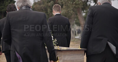 Men, Coffin And Pallbearers Walking At Cemetery Ceremony Outdoor At ...