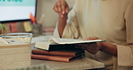 Bible, religion and hands of person reading holy Christian book to worship God for spiritual learning and trust. Faith, knowledge and person with peace due to scripture, praise and gratitude in home