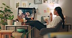 Computer, web series and woman eating and watching movie with snacks and food in home office. Relax, internet and female person with film subscription app and tech with pc listening to online video