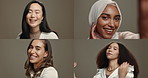 Diversity, collage and women with beauty, fashion and makeup isolated in a studio brown background together. Happy, portrait and confident group of people with cosmetic skincare and inclusive style