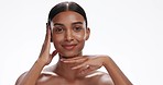 Face, natural beauty and woman with cosmetics, dermatology or wellness isolated on a white studio background. Portrait, person or model with skincare, shine or glow with luxury, smile or healthy skin