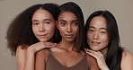 Women, underwear and beauty of diversity friends in studio for portrait, inclusion or wellness. Model people hug on neutral background as different body care, skin glow or natural cosmetic comparison