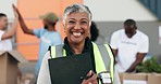 Happy senior woman, management and NGO in charity, volunteer or team in community service. Portrait of mature female person or organizer smile in happiness for leadership, donations or contribution