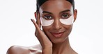 Eye mask, skincare and woman face smile with wellness, dermatology and collagen treatment. Studio, white background and female person portrait with cosmetics and facial for anti aging and beauty glow