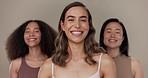 Beauty, diversity group and woman smile for facial cosmetics, self care wellness or dermatology makeup. Women empowerment, unique and happy portrait of model friends together on studio background