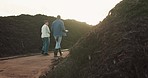 Compost business, walking and agriculture people with clipboard for collaboration. Discussion of team for back of organic waste plant, dirt fertilizer or recycle pile at soil management inspection