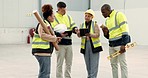 Construction, discussion and people in building on tablet for planning, maintenance and storage development. Engineering, teamwork and workers on digital tech for manufacturing, factory and warehouse